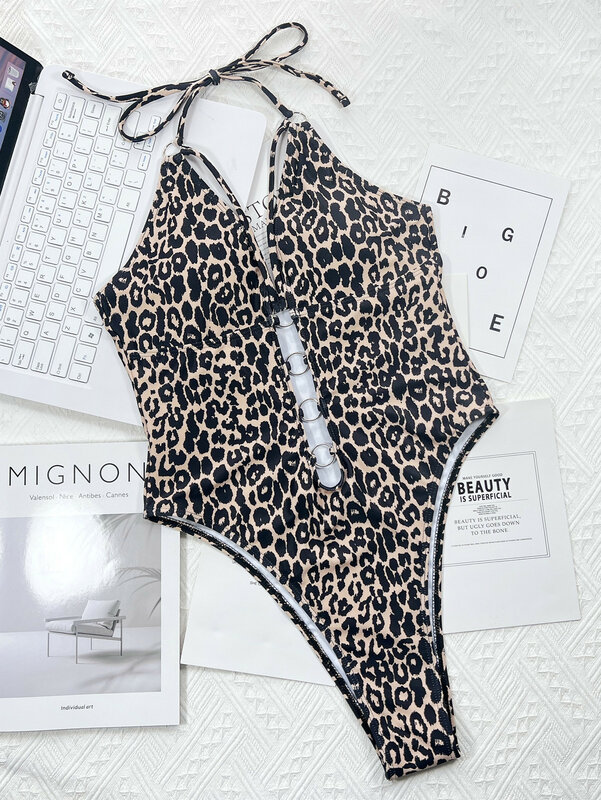 Bikini europeo con estampado de leopardo para mujer, traje de baño de una pieza con realce, novedad