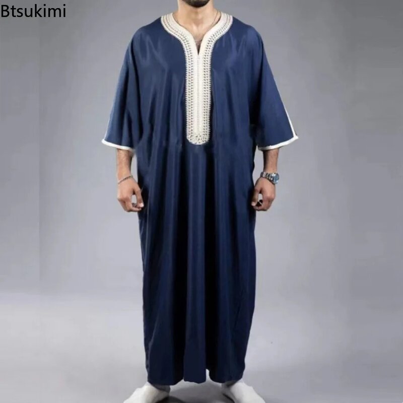 Manga comprida masculina islâmica Jubba Thobe, robe com capuz muçulmano, Abaya árabe saudita para homens, vestido muçulmano masculino, Oriente Médio, 2024