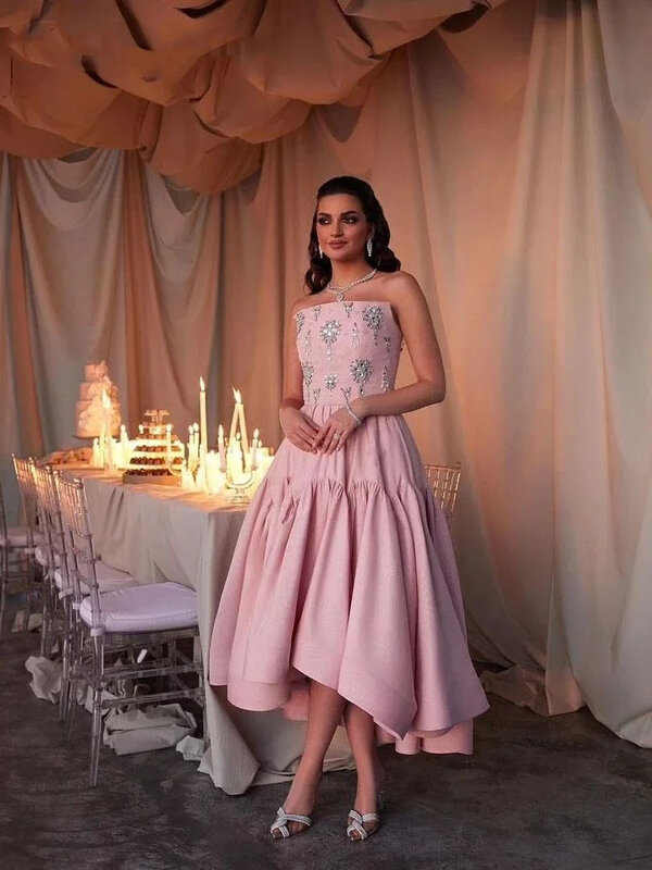 Evening Elegant Vintage Crystal Beaded Ruffle Sweet Princess Pink Formal Occasion Prom Dress Evening Party GownsML-088