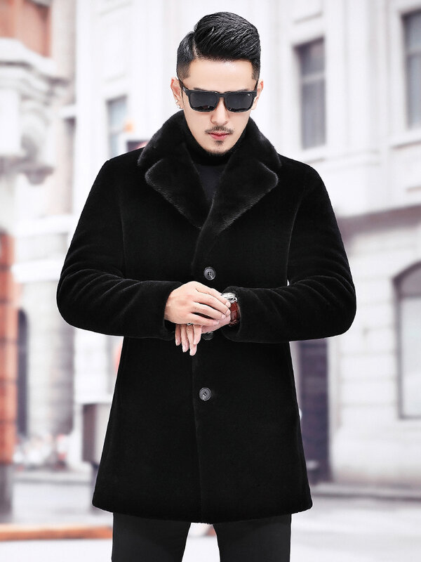 Мужская длинная куртка из овчины, однобортная длинная куртка из натуральной шерсти, пальто для зимы 2023, P501
