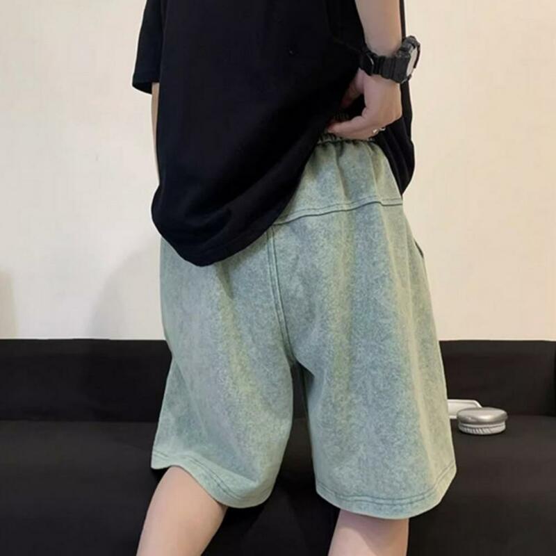 Men Summer Shorts Men's Knee-length Drawstring Shorts with Elastic Waist Crotch Solid Color Streetwear Sports Pants for Summer