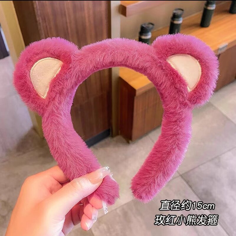 Cute Pink Strawberry Bear Headband Plush Face Wash Hairband Pressed Hair Anti-Slip Headband for Women Hair Hoop Hair Accessoires