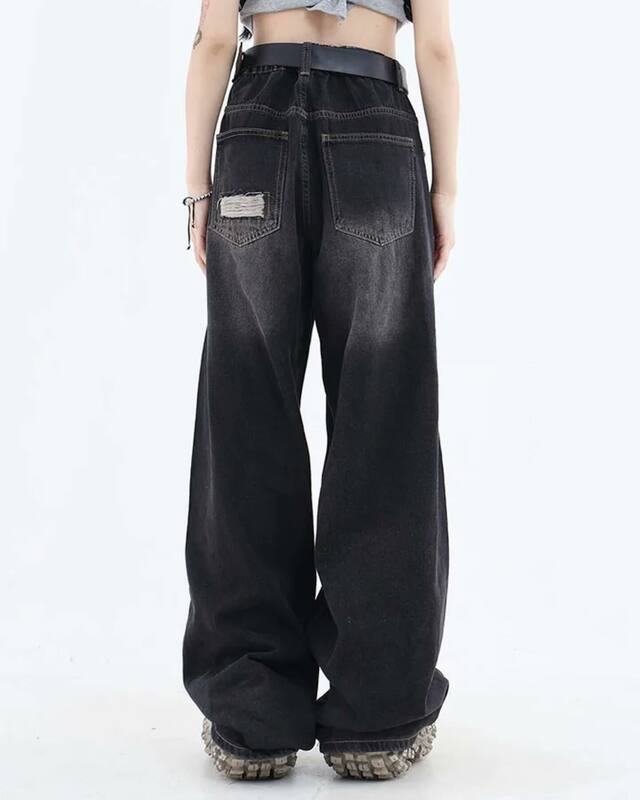 Синие рваные джинсы для женщин, мешковатые брюки в стиле Харадзюку Y2k, новые хип-хоп панк джинсы, женские прямые брюки с широкими штанинами, уличная одежда