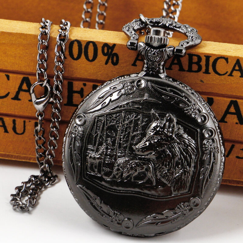 Reloj de bolsillo con diseño de lobo del bosque Steampunk, pulsera de cuarzo con esfera de números árabes, cadena antigua de cazador completo