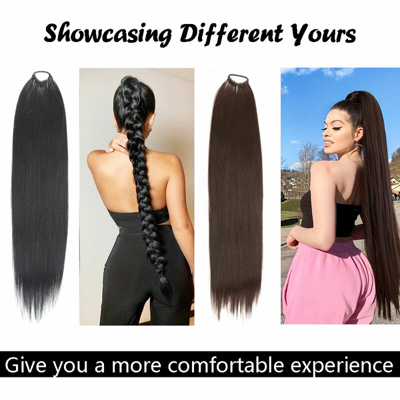 AZQUEEN ekstensi rambut sintetis ekor kuda palsu, ekstensi rambut palsu lurus panjang 24 inci untuk wanita warna hitam putih