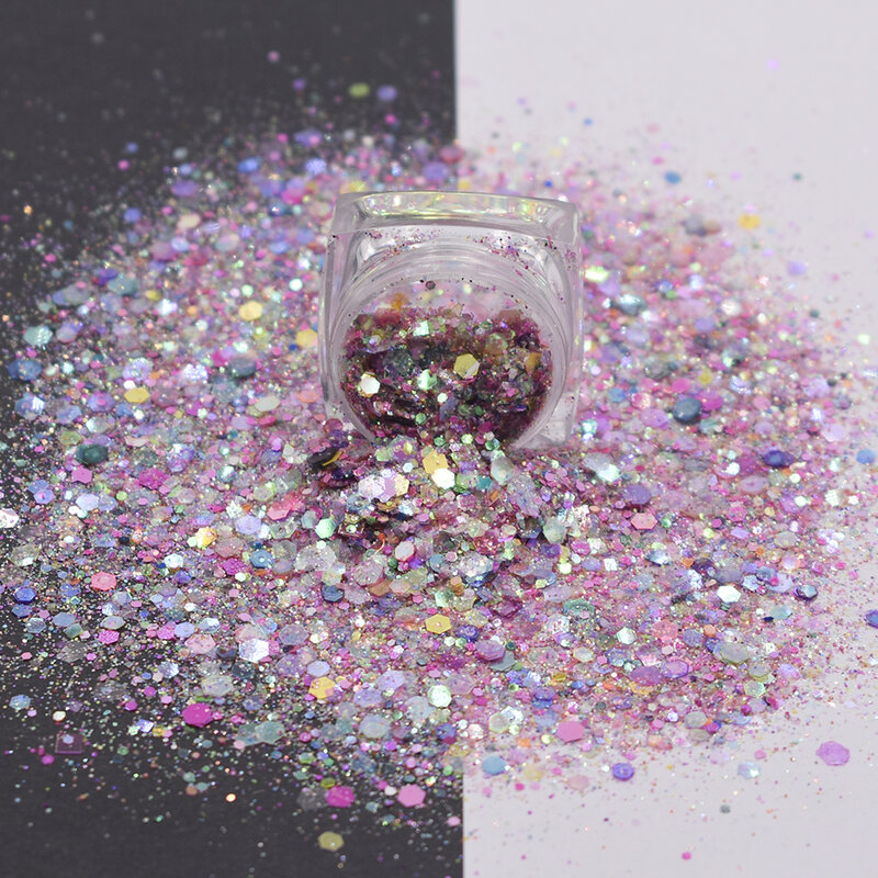 Polvo de purpurina holográfico para manicura, mezcla gruesa, accesorios de decoración de uñas, 10g por bolsa, venta al por mayor