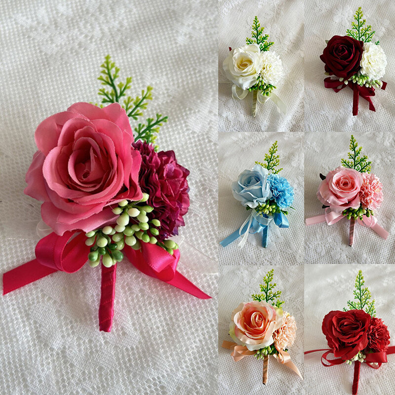 Men Boutonniere Rose Brooches Pins Bride Wedding Wrist Corsage Groom Ceremony Silk Roses Flower Lapel Party Brooch Marriage Pins