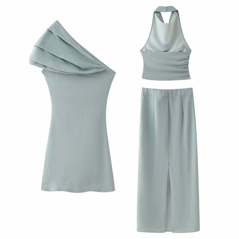 Women's 2024 New Fashion Pleated decoration Tight Off Shoulder Asymmetric Mini Dress Retro Sleeveless Women's Dress Mujer