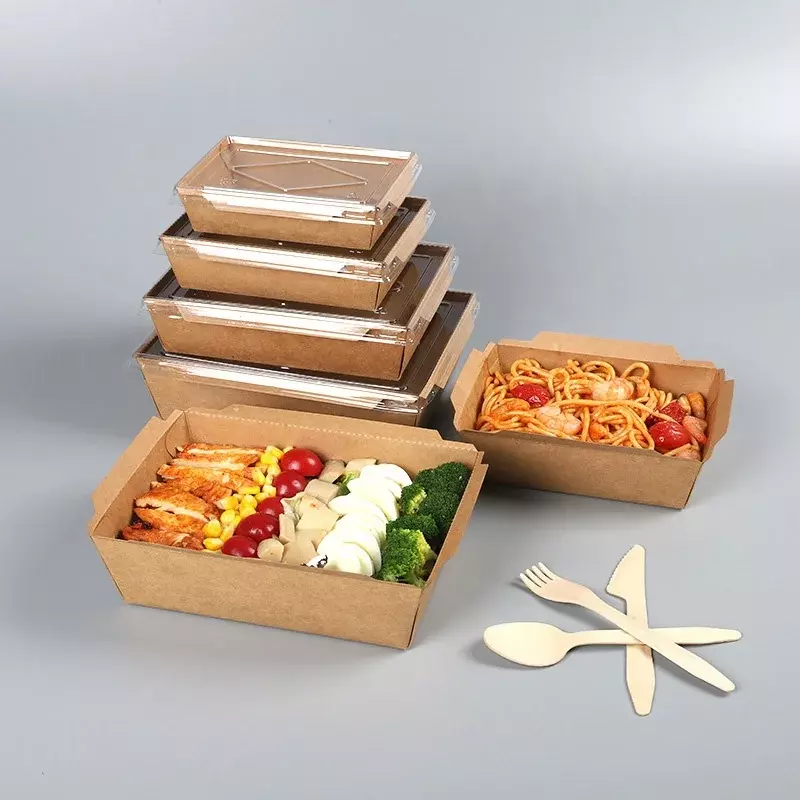 Boîte à lunch à fenêtre transparente, produit personnalisé, poulet, salade, déjeuner bento, sandwich, emballage à emporter, papier kraft brun