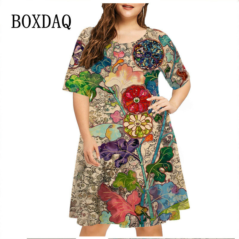 Летнее платье-трапеция в стиле ретро с коротким рукавом, женское платье с 3D рисунком растений, повседневное модное свободное женское платье с круглым вырезом, женское платье размера плюс 6XL
