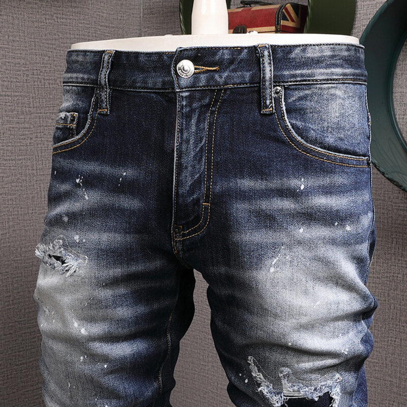 High Street Fashion Men Jeans Retro Blue Elastic Slim Fit Ripped Jeans Men Vintage Trousers Patched Designer Brand Pants Hombre