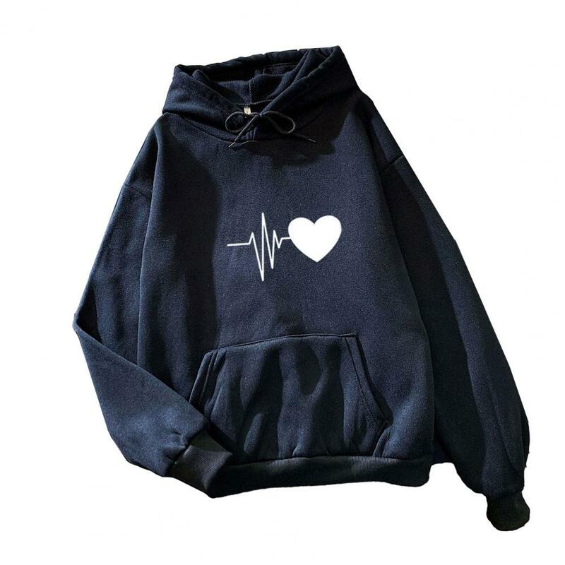 Soft Hoodie Cozy Heart Print Unisex Hoodie with Drawstring Plush Warmth Big Patch Pocket for Fall Winter Women Fleece Hoodie