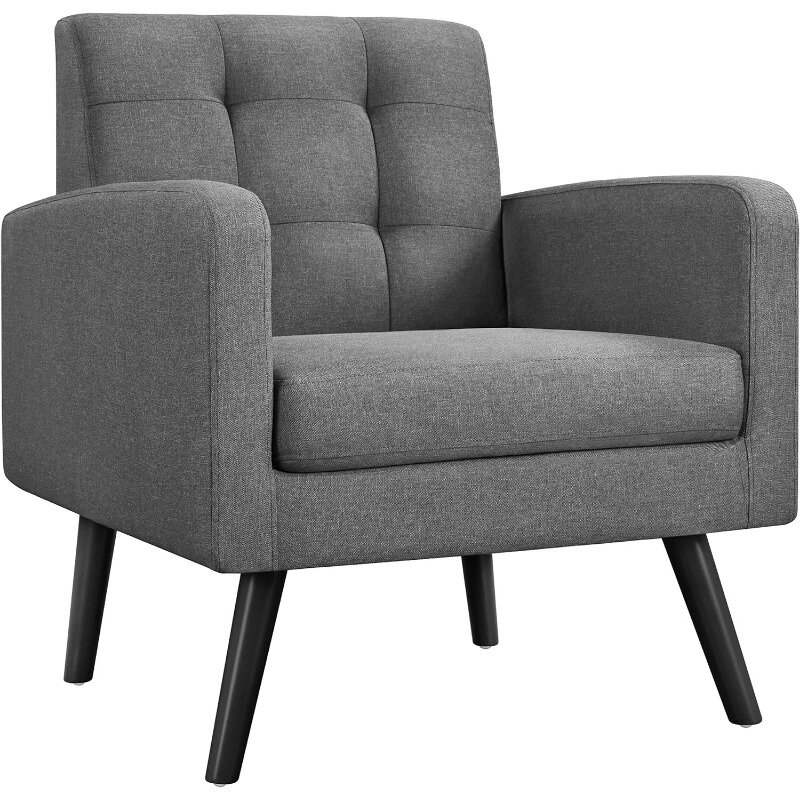 Mid-Century Accent Chairs, PU Leather Modern Upholstered Living Room Chair, Cozy Armchair Button Tufted Back and Wood Legs