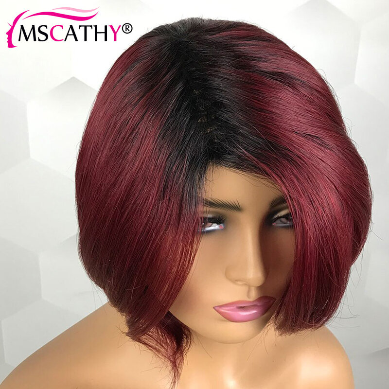 Pixie Cut Bob Wig Remy Human Hair Wigs for Women None Lace Full Machine Made Wig Short Bob Wig with Bangs Burgundy Color on Sale