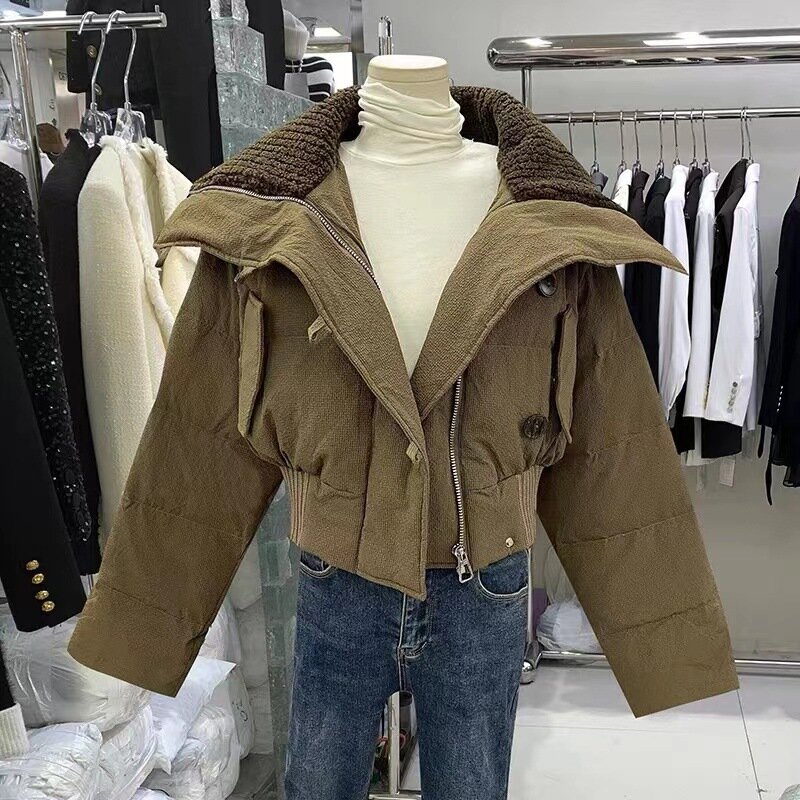 Parka matelassurera en coton chaud pour femme, col en tricot chic coréen, veste courte épaissie, manteau d'automne et d'hiver, 2023