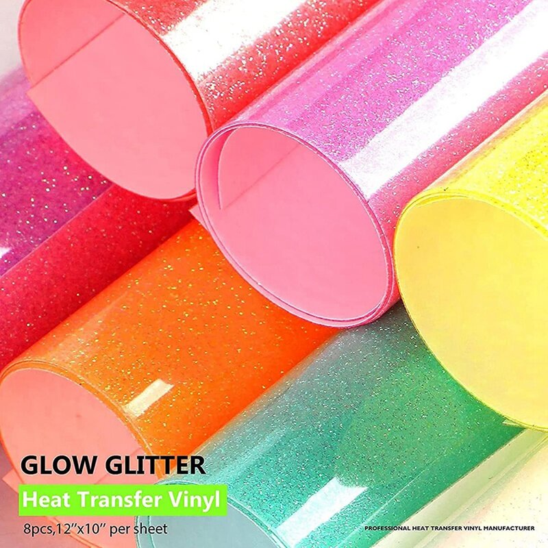 Bundel vinil Transfer panas HTV Glitter, bundel vinil berubah warna terang dalam gelap, untuk kain, mesin tekanan panas