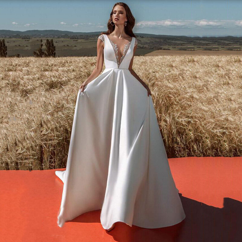 Женское богемное свадебное платье, элегантное атласное платье без рукавов с V-образным вырезом и блестками, Пляжное платье большого размера, 2023