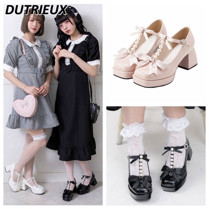 Zapatos de tacón alto con lazo en forma de T para mujer, estilo japonés, Mary Jane, Kawaii, perla, Mary Jane