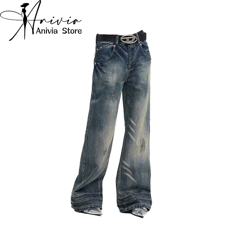 Women's Blue Jeans Vintage Harajuku Baggy Denim Trousers Y2k Wide Leg Cowboy Pants Trashy Japanese 2000s Style Oversize Clothes