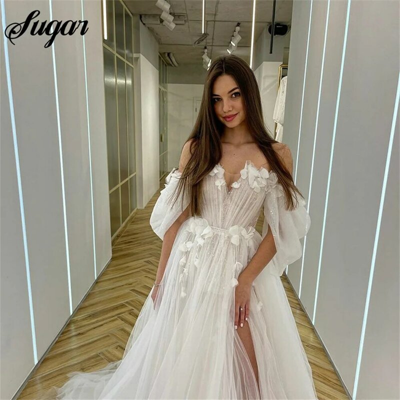 Suknie ślubne wróżka Sweetheart Neck Boho suknie ślubne 3D kwiaty bufiaste rękawy eleganckie suknie ślubne suknia ślubna suknia ślubna