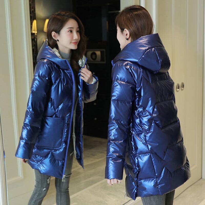Shiny Down Women's Mid-length 2023 Winter New Korean Version Slim Hooded Thickened Padded Lady