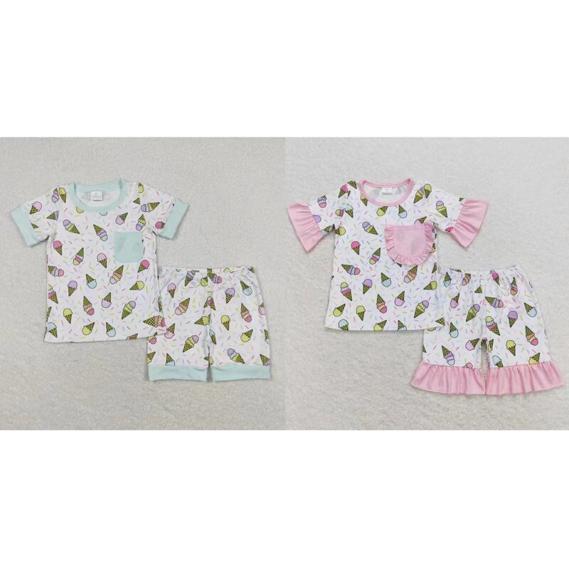 Wholesale Summer Children Kids Pajamas Short Sleeves Pocket Shirt Infant Sleepwear Set Shorts Baby Boy Girl Birthday Outfit