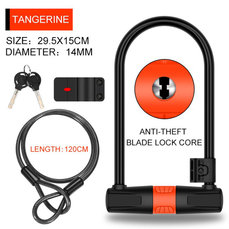 Bicycle U-Lock with Cable,Alloy Steel Cable Lock and Cable, U-Lock, Bicycle Battery Car, Motorcycle Car Lock, Anti-Theft Lock,