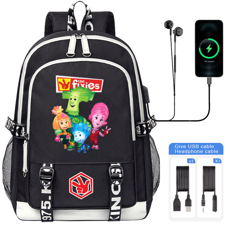 Cartoon The Fixies Kids Backpack High capacity USB girl boy Schoolbag Teenage students Book Bag Men Laptop Shoulder Bag