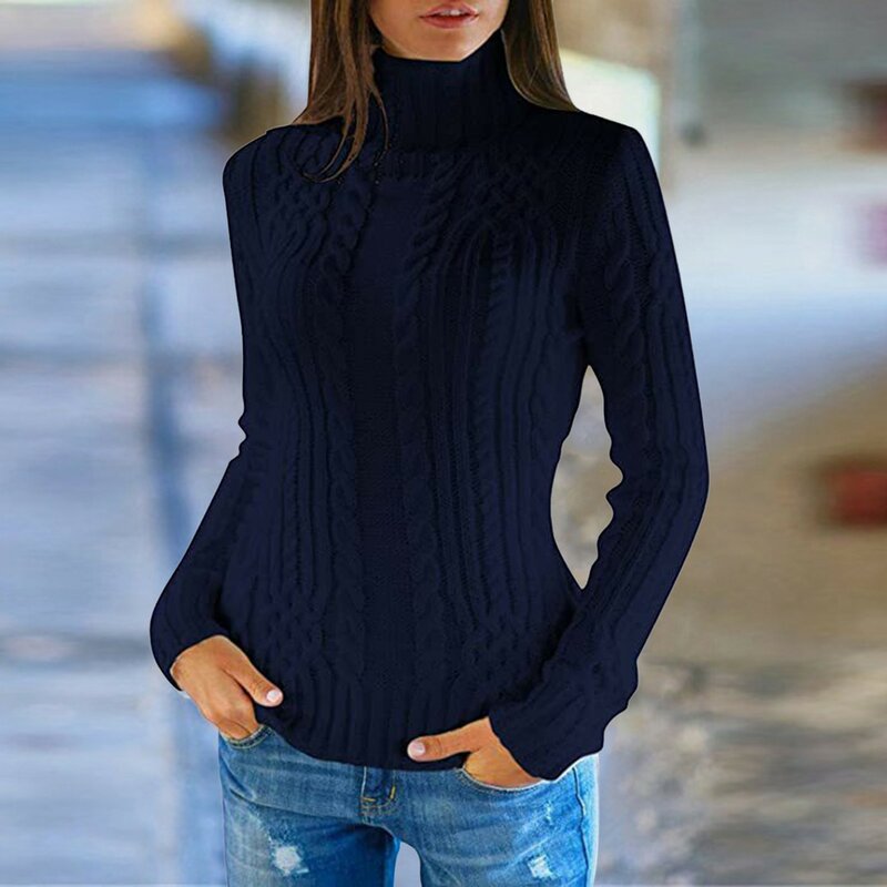Women's Autumn And Winter Regular Turtleneck Long Sleeved Knitted Sweater Solid Color Basic Soft Pullover Sweaters For Women