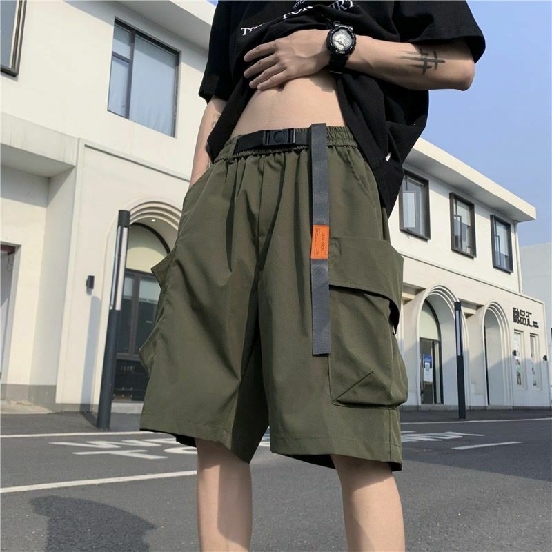2024 Summer New Trousers Men's Spliced Elastic Tie Up with Solid Color Pockets Fashion Loose Casual All-match Commuter Shorts