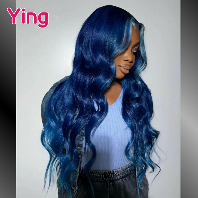 Ying-Peluca de cabello humano ondulado para mujeres negras, pelo Remy peruano con encaje frontal, color gris y azul, predesplumada, 13x6