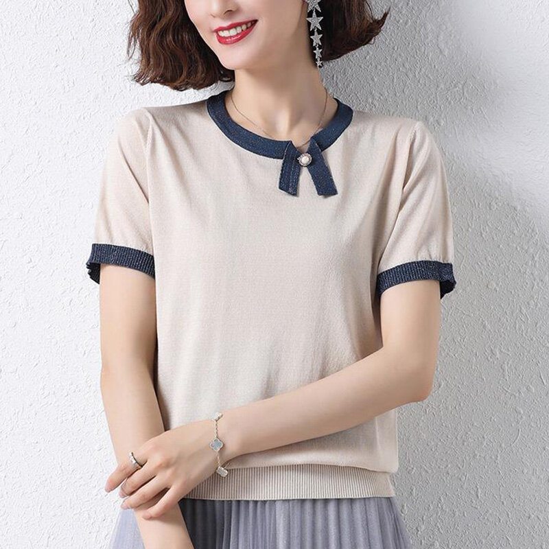 Fashion O-Neck Spliced All-match Beading Blouse Women's Clothing 2023 Summer New Loose Casual Pullovers Tops Asymmetrical Shirt