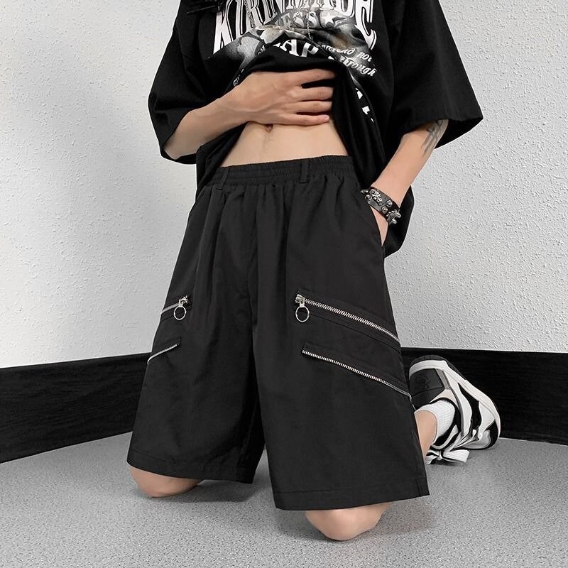 남성용 지퍼 카고 반바지, 미국 하이 스트리트 패션, 단색 루즈 스트레이트 레그, 다목적 짧은 바지, 여름 신상