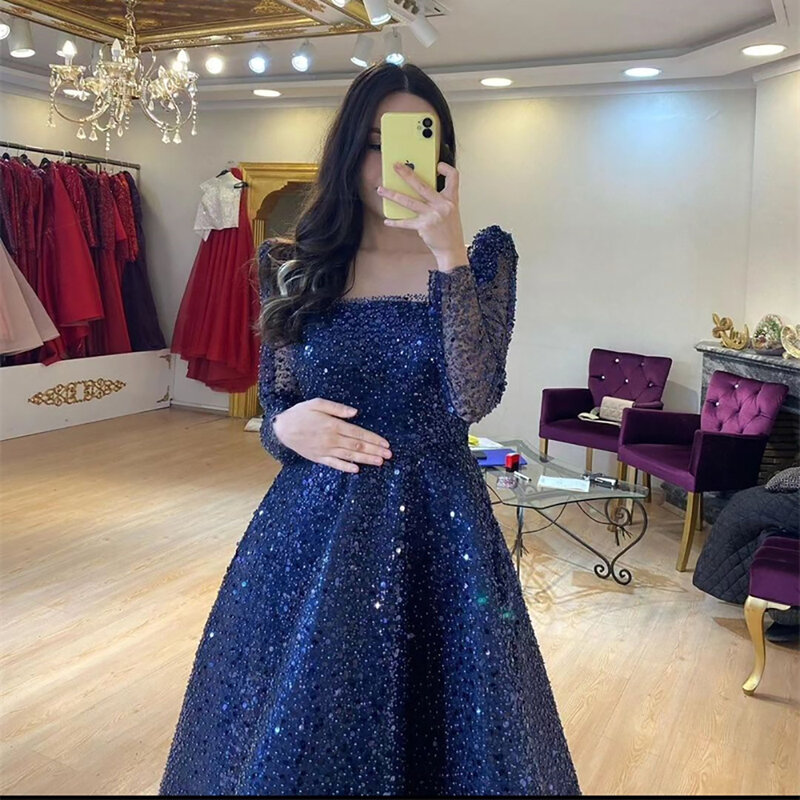 MOBUYE 2024 Arab Dubai A-Line  O Neckline Prom Dress  Tea Length Evening Fashion Elegant Party Dress For Women