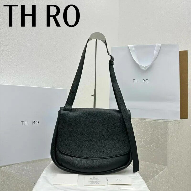 TH RO Women's 2024 Black Classic Diagonal Cross Magnetic Buckle Design Cowhide Postman Bag