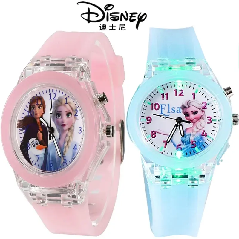 Disney-Frozen Princess Pattern relógio de pulso para crianças, LED brilhante, flash, couro, quartzo, brinquedos, presentes de Natal para crianças, moda