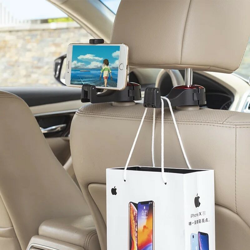 Kait kursi belakang mobil multifungsi, dengan penjepit telepon, solusi pengaturan penyimpanan yang nyaman untuk kursi belakang kendaraan