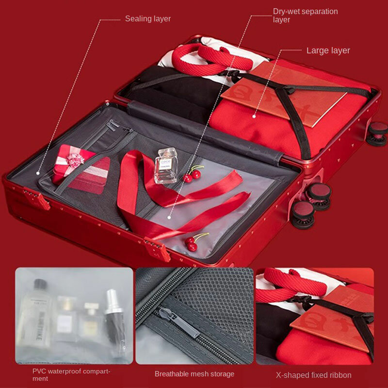 Czerwona walizka ślubna z uchwytem na kubek na mokro i na sucho aluminiowa rama pokrowiec na wózek 20 "22" 24 "26" cicha kółka obrotowe