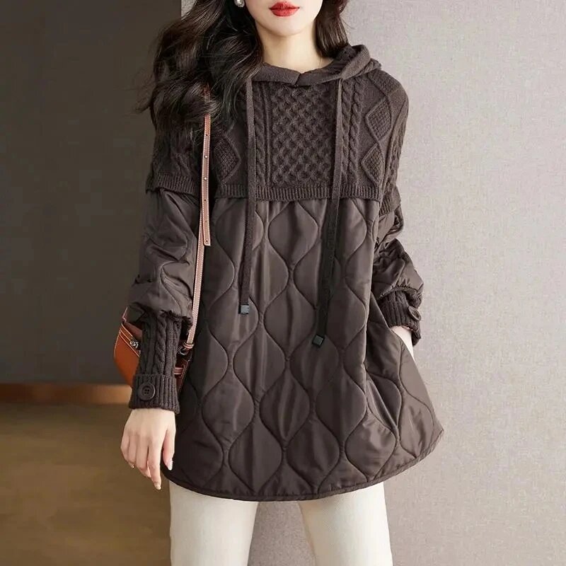 2024 Women's Winter Hooded Parka Temperament Fashion Down Cotton Jacket Ladies Coat Splicing Knitting Leisure Female Jacket