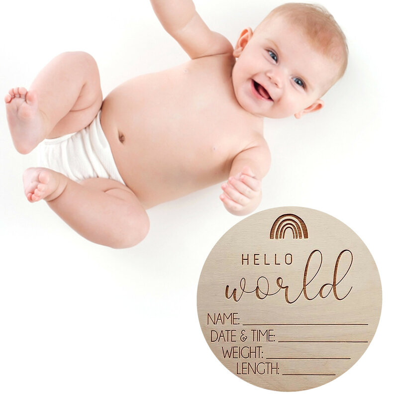 Объявление о рождении, деревянный знак прибытия ребенка, круглый знак «Hello World», объявление о рождении, деревянный знак имени ребенка, знак новорожденного