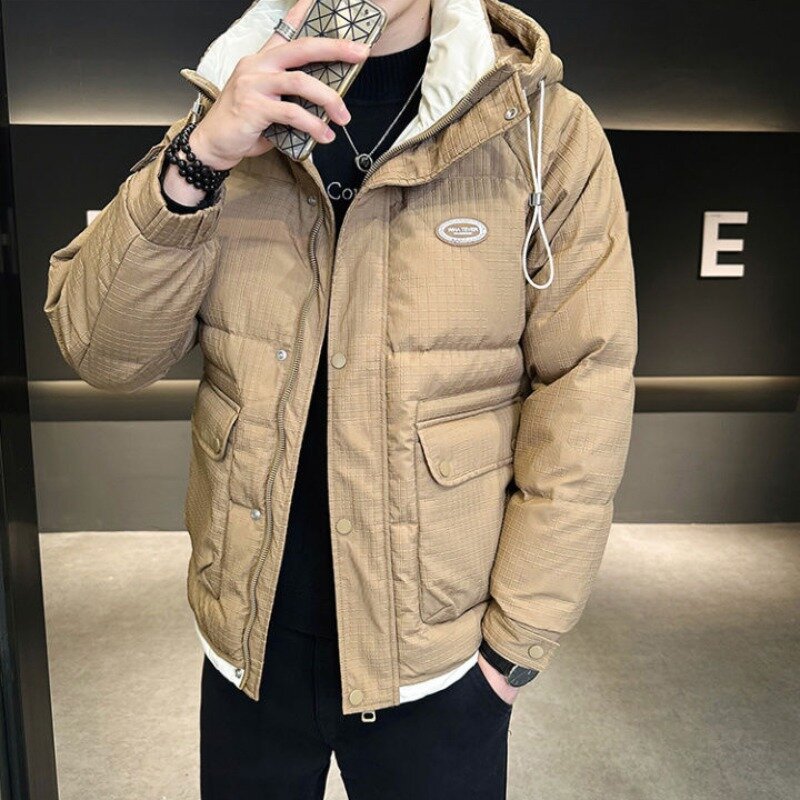 Winter New High-End Men Hooded Down Jacket Youth Trendy Printed Keep Warm White Duck Down Outwear Male Large Size Casual Outcoat