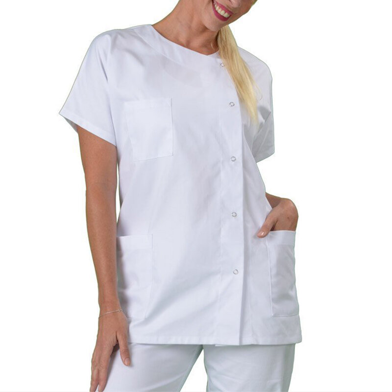 Unisex colarinho manga curta uniforme de trabalho, vestido médico, casaco hospitalar, Workwear Tops, roupas soltas para senhoras e homens