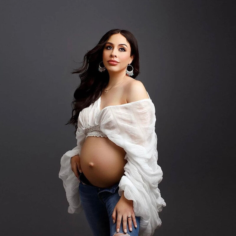 Zwangerschapsfotografie Rekwisieten Accessoires Dames Geplooide Top Vrouwelijke Vouw Pofmouw Losse Zwangere Vrouwen Kleding