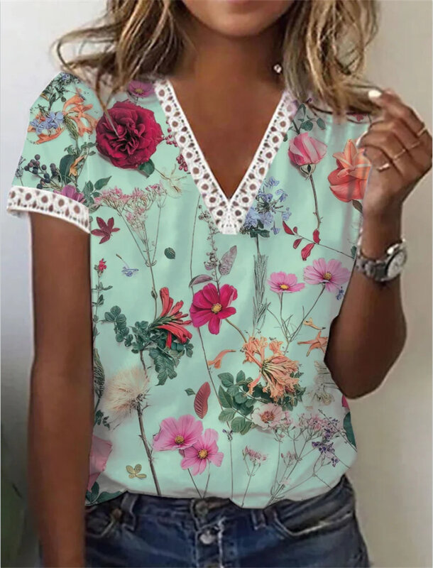 2023 New Summer S-3XL Women's V-neck Flower Printing Lace Edge Loose Casual T-shirt Femme Short Tee Shirt Top Streetwear Office