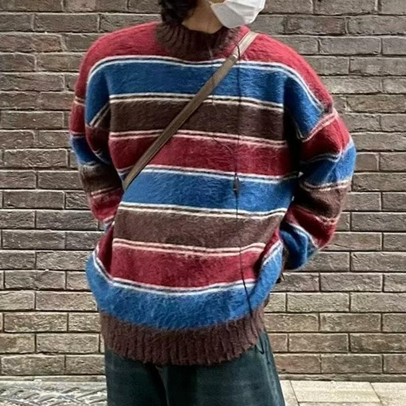 Men Fall Winter Sweater Striped Color Matching Knitted Thick Warm Pullover High Collar Neck Protection Loose Mid Length Warm Spr