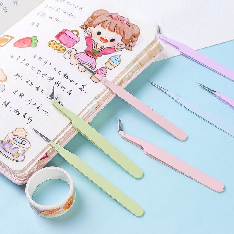 2pcs/set Macaron Tweezers Stainless steel DIY Sticker Practical Portable Diary straight elbow tool suit School Stationery