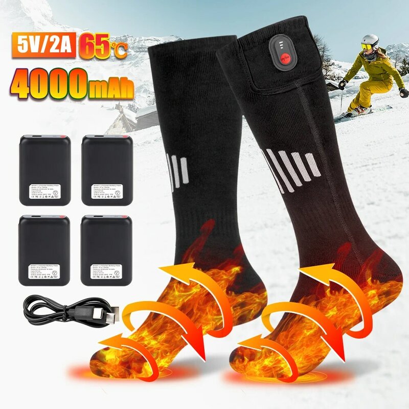Calcetines térmicos recargables por USB para exteriores, botas con calefacción de 65 ℃, 5000mAh, para nieve y esquí