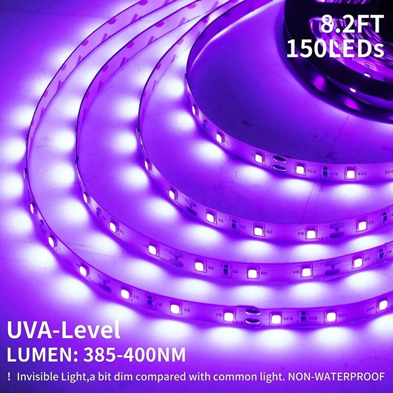 2.5M UV LED 스트립 조명, USB DC5V UV 블랙 라이트, 390nm-400nm 스트립 투광 조명, 형광 바디 페인트 댄스 파티 무대 장식