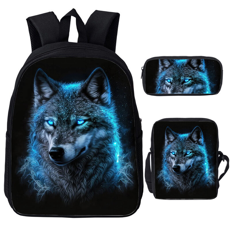 3D Print Howling Wolf Backpack Shoulder Bag Pencil Case 3pcs/set Children Bookbags Cosmic Wolf Rucksack Boys Girls School Bags