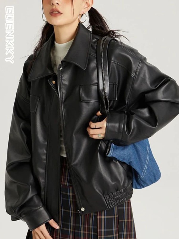 Jaqueta de PU para motociclista, casaco recortado, couro sintético vintage feminino, bolsos, roupas com zíper, Harajuku Streetwear, 2023